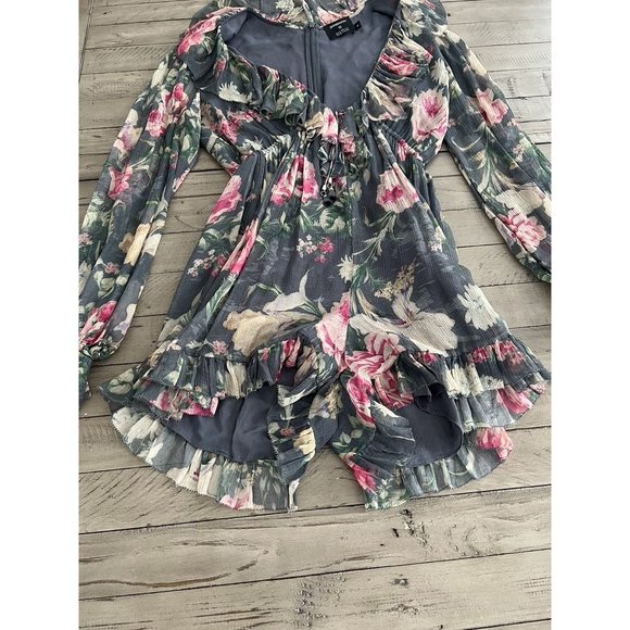 ZIMMERMANN Grey Floral Printed Silk Iris Cold-Shoulder Jumpsuit Size 1 Small - Picture 2 of 4